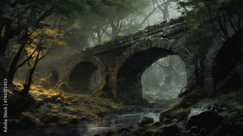 Forgotten stone bridge surrounded by tangled vines and overgrown trees