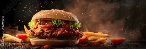 fresh crispy fried chicken burger sandwich with flying ingredients and spices hot ready to serve and eat food commercial advertisement menu banner with copy space area