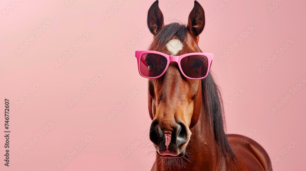 Horse in sunglasses on pastel background, isolated with text space, funny animal portrait concept.