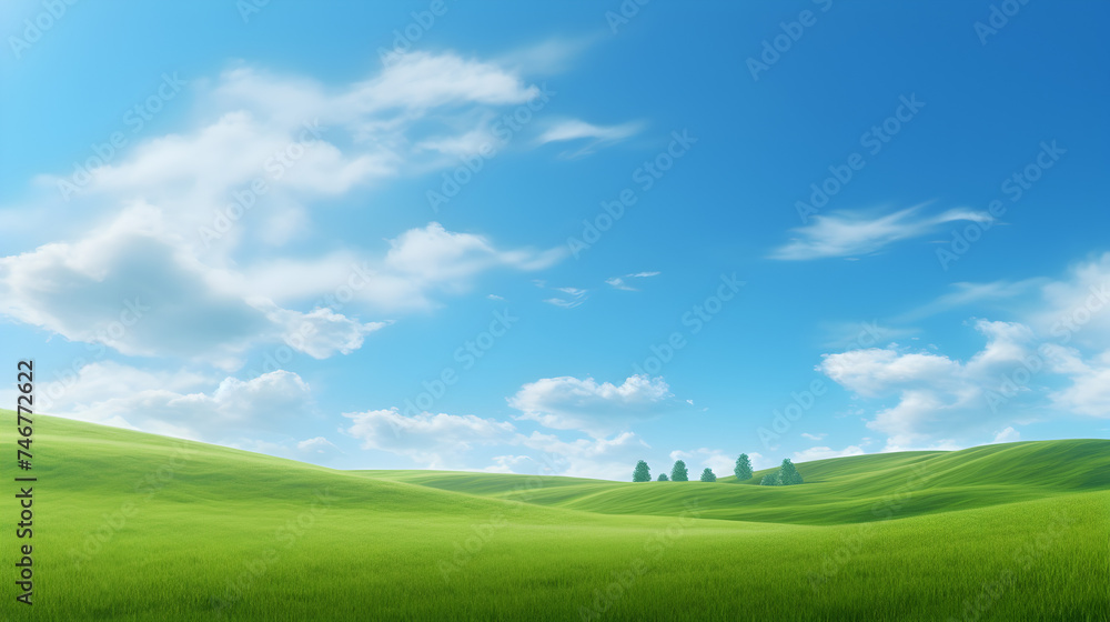 landscape with sky and grass 3d image,
field and blue sky Idyllic Rolling Green Hills Under a Clear Blue