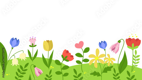 Beautiful spring background with flowers blooming. Garden on the field. Template with copy space. Vector illustration isolated