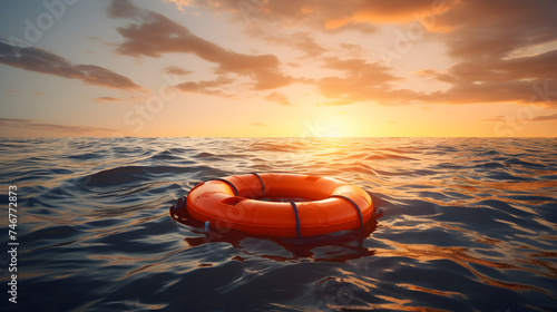 lifebuoy on the water Lifebuoy Floating on Open Sea at Sunset, A life saver floating at sea