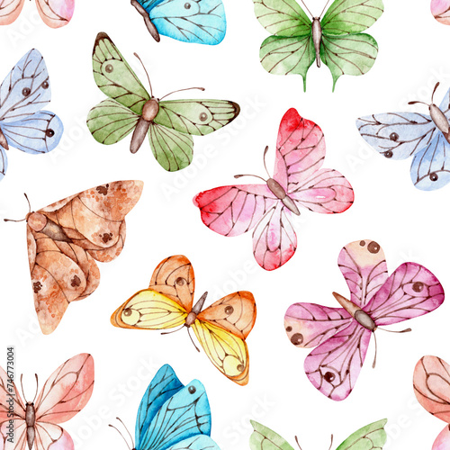 Colorful butterflies watercolor seamless pattern  digital paper. Moths  insects. Multi-colored butterflies. Spring  summer print. White background. For printing on textiles  fabrics  wrapping paper
