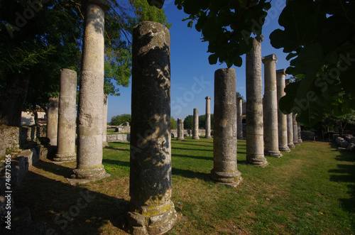 Archaeological site of Altilia: remains of columns indicating where the Basilica once stood. Sepino, Molise, Italy