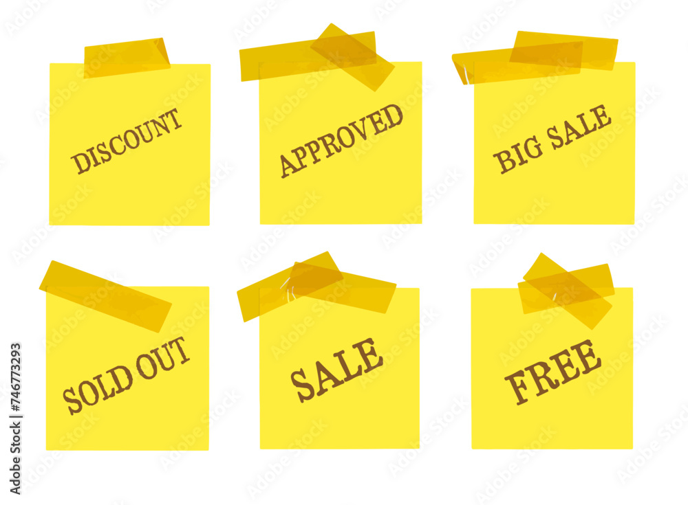 Set of yellow stickers with words discount, big sale, free, approved, sold out, sale. Square sheets of paper with scotch and text. Vector illustration. Set of yellow stickers with words discount, big sale, free, approved, sold out, sale. Square sheets of paper with scotch and text. Vector illustration.