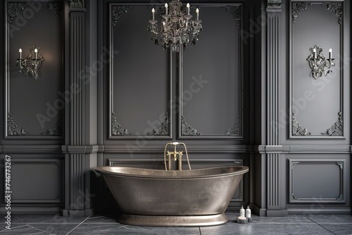 Elegant vintage inspired gray bathroom with ornate wall moldings, Classic luxury chic grey bathroom with moldings on the wall, Classic gray bathroom interior design.