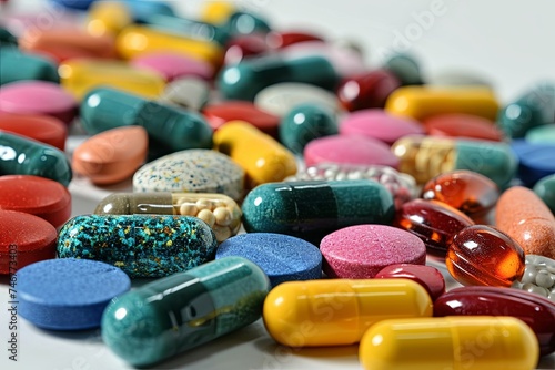 Assorted of Colorful different medicines pills and supplement capsule background