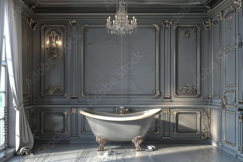 Elegant vintage inspired gray bathroom with ornate wall moldings, Classic luxury chic grey bathroom with moldings on the wall, Classic gray bathroom interior design. photo