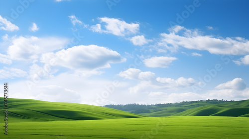 green field and sky Idyllic Rolling Green Hills Under a Clear Blue, A Photo of a hyper detailed shot of a serene countryside meadow with rolling green hills