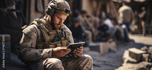 A soldier uses an tablet in a foreign country