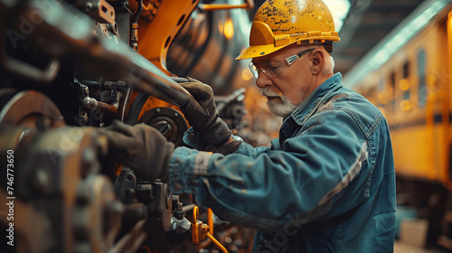 Wallpaper Mural Rail yard maintenance worker working on a train. Torontodigital.ca