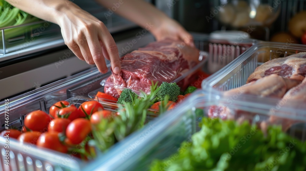 A woman puts a raw piece of meat in a plastic container in the refrigerator.