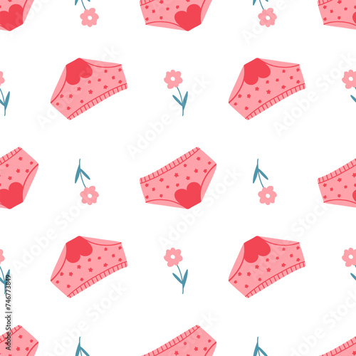 Seamless pattern with woman underwear with blood and flowers. Cute hand drawn wallpaper with female period concept, menstruation