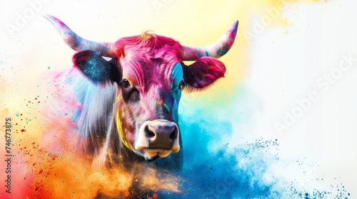 Holi festival of Colors, music, love, spring in India. Cow powdered of multicolor of powder, colorful background. Hindu happiness holiday, splash of vibrant paints. Bengali new year. Copy space right