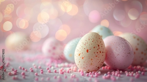 A serene background with soft pastel Easter eggs scattered across, leaving room for text