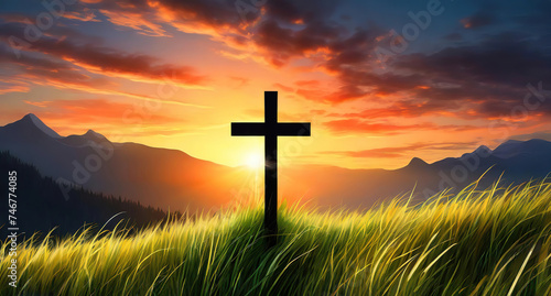 Excellent black cross religion symbol silhouette in grass over sunset sky background