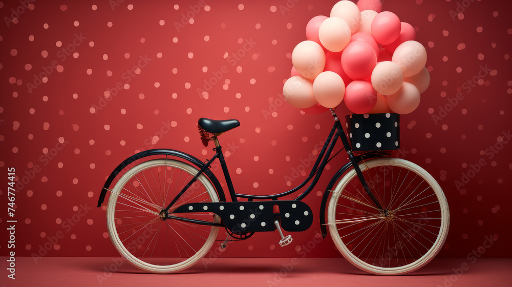 Fototapeta premium Polka dot balloon tethered to a vintage bicycle