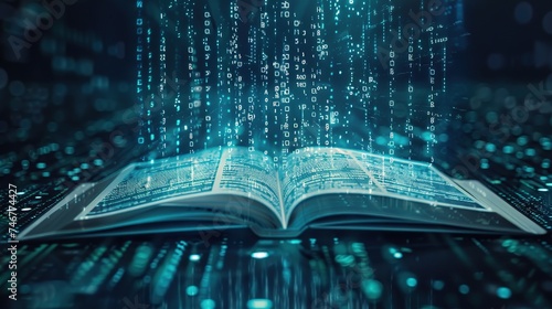 Open book education with abstract binary software programming code background photo