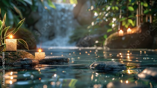 Stacked stones and burning candle with bamboo stem on water. spa and wellness concept. photo