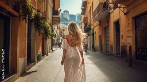 Beautiful young woman in the streets of the old European town . Caucasian woman walking through the streets of Europe. Travel concept.
