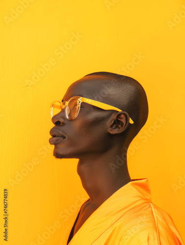 Orange contrast portrait of a striking man with a dark skin color, an African-American man on a bright orange background. Alternative hippie man with eccentric sunglasses.