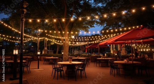 a tree shaded patio or event venue with strings of lights hanging between tables and chairs.