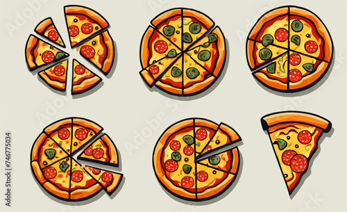 Set of vector colored icons with pizza, isolated on white background. Triangular slices of round pizza with sausage, olives, herbs, mayonnaise, cheese and tomatoes.