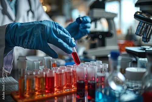 Hands of a doctor collecting blood sample tubes from rack with analyzer in lab. Doctor holding blood test tube in research laboratory red blood cells