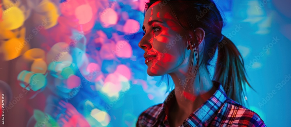 Portrait pretty woman in club party with dynamic projector colorful light. AI generated image