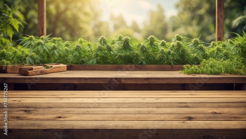 empty wooden table with cannabis garden background