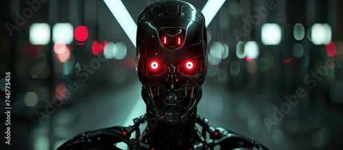 Cyberpunk scary apocalypse mutant character with red luminous eyes in a night scene. AI generated