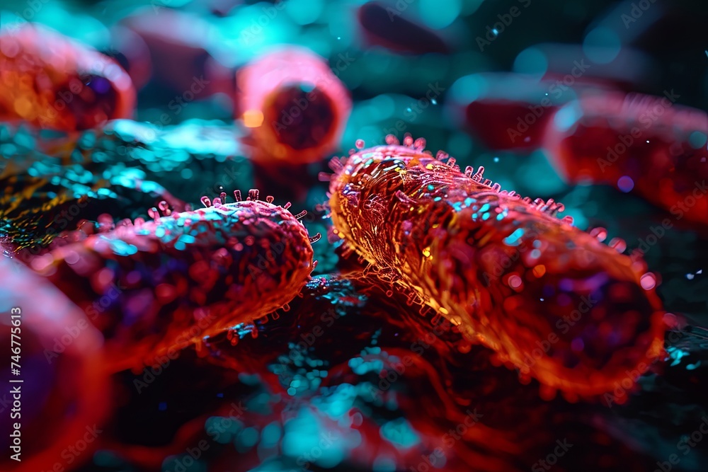 3d rendering of red blood cells flowing in a vessel with depth of field. Medical health care concept. - obrazy, fototapety, plakaty 