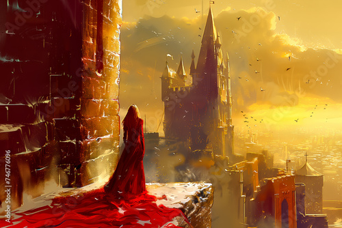 Kobieta w czerwonej sukni, w oddali średniowieczny zamek
