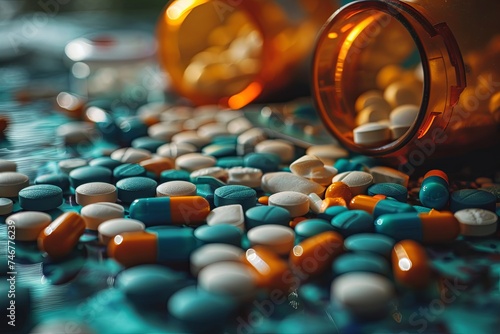 Assorted of Colorful different medicines pills and supplement capsule background