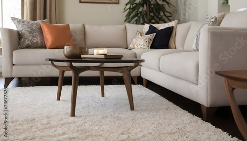 A close-up of an elegant living room's plush modern furniture, area rug, and sofa