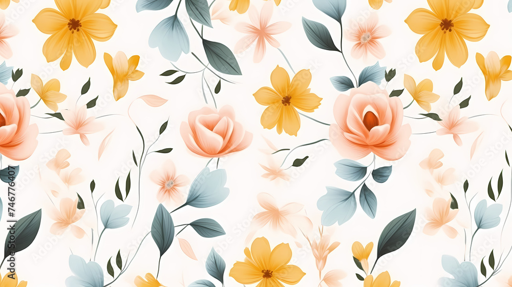 Delicate abstract watercolor flowers, bright cute color pattern