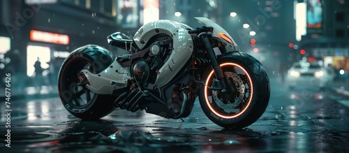 Cyberpunk futuristic motorcycle in a dark modern town street night scene. AI generated image © yusufadi