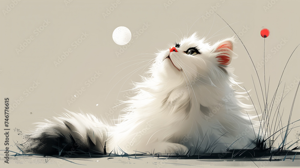 Ilustracja uroczego białego kota - obrazy, fototapety, plakaty 