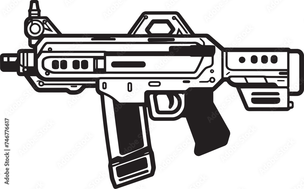 Nano Warfare Machinegun Icon Design Robotic Assault Vector Weapon Emblem