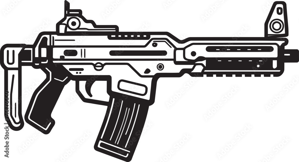 Virtual Shooter Black Vector Emblem Cybernetic Assault Machinegun Graphic Design