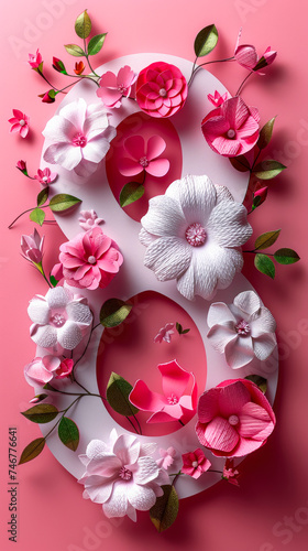 Elegant floral greeting card design for International Women s Day with white and pink paper flowers and leaves arranged in a circular frame around the number 8 on a soft pink background