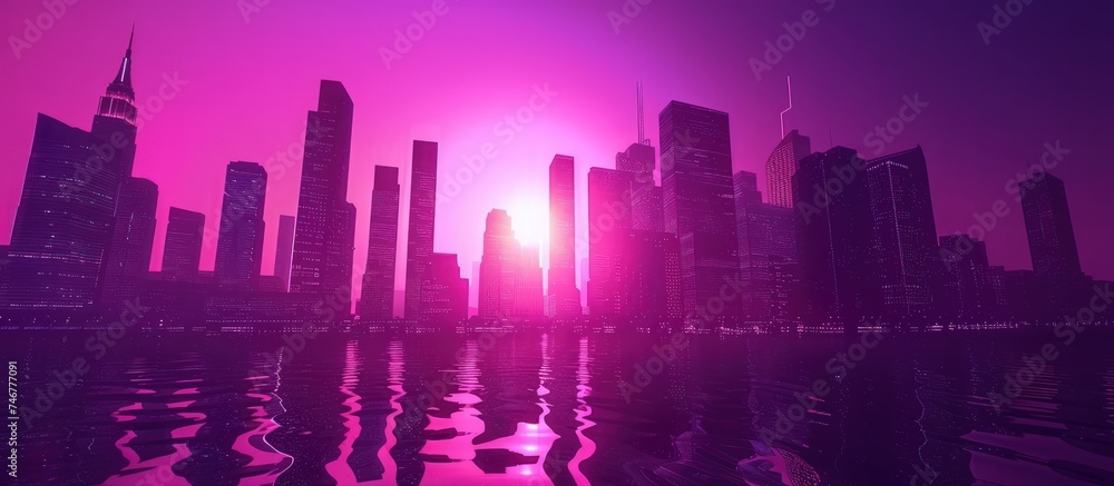 3d illustration cyberpunk city with vibrant purple neon night. AI generated image