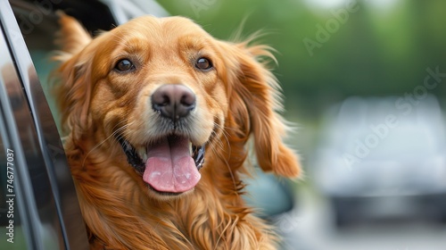 A happy dog is smiling with his tongue hanging out and his eyes closed as he sticks his head out