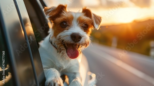 A happy dog is smiling with his tongue hanging out and his eyes closed as he sticks his head out