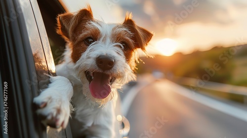 A happy dog is smiling with his tongue hanging out and his eyes closed as he sticks his head out