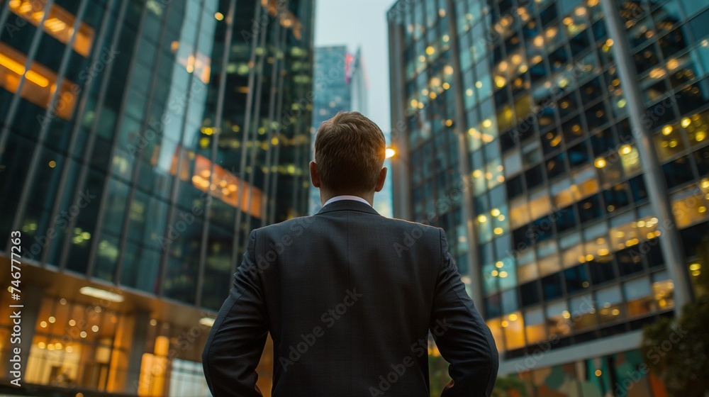 Fototapeta premium Man staring at a skyscraper generate ai