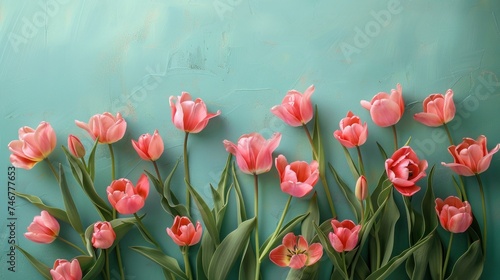 green background with pink tulips on the left and plenty © yganko