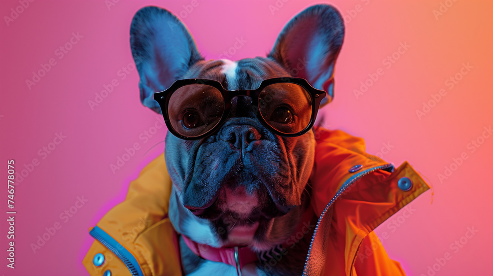 French Bulldog in Sunglasses and Jacket Against Pink and Blue Background