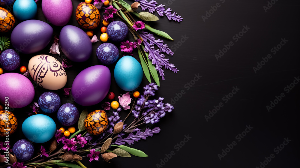 Colorful easter eggs and flowers on black background,. Top view with copy space. Greeting card on an Easter theme. Happy Easter concept.
