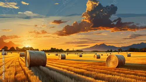 Depicts a vast hay field stretching towards the horizon